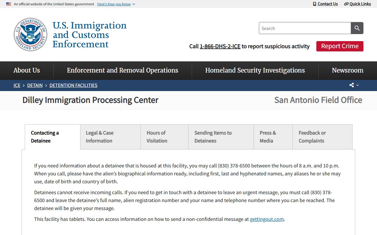 Dilley Immigration Processing Center detainee lookup ICE facility page