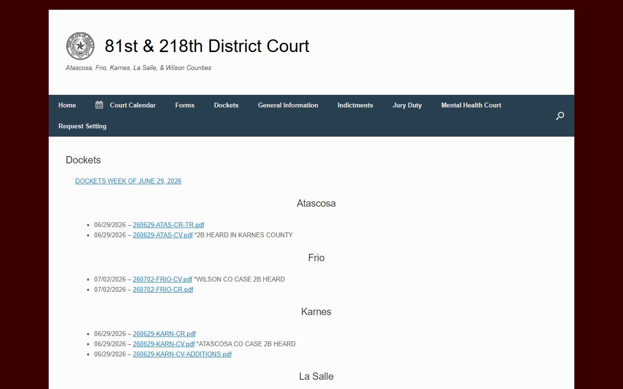 Frio County court records after arrest docket page for 81st and 218th Judicial District Courts