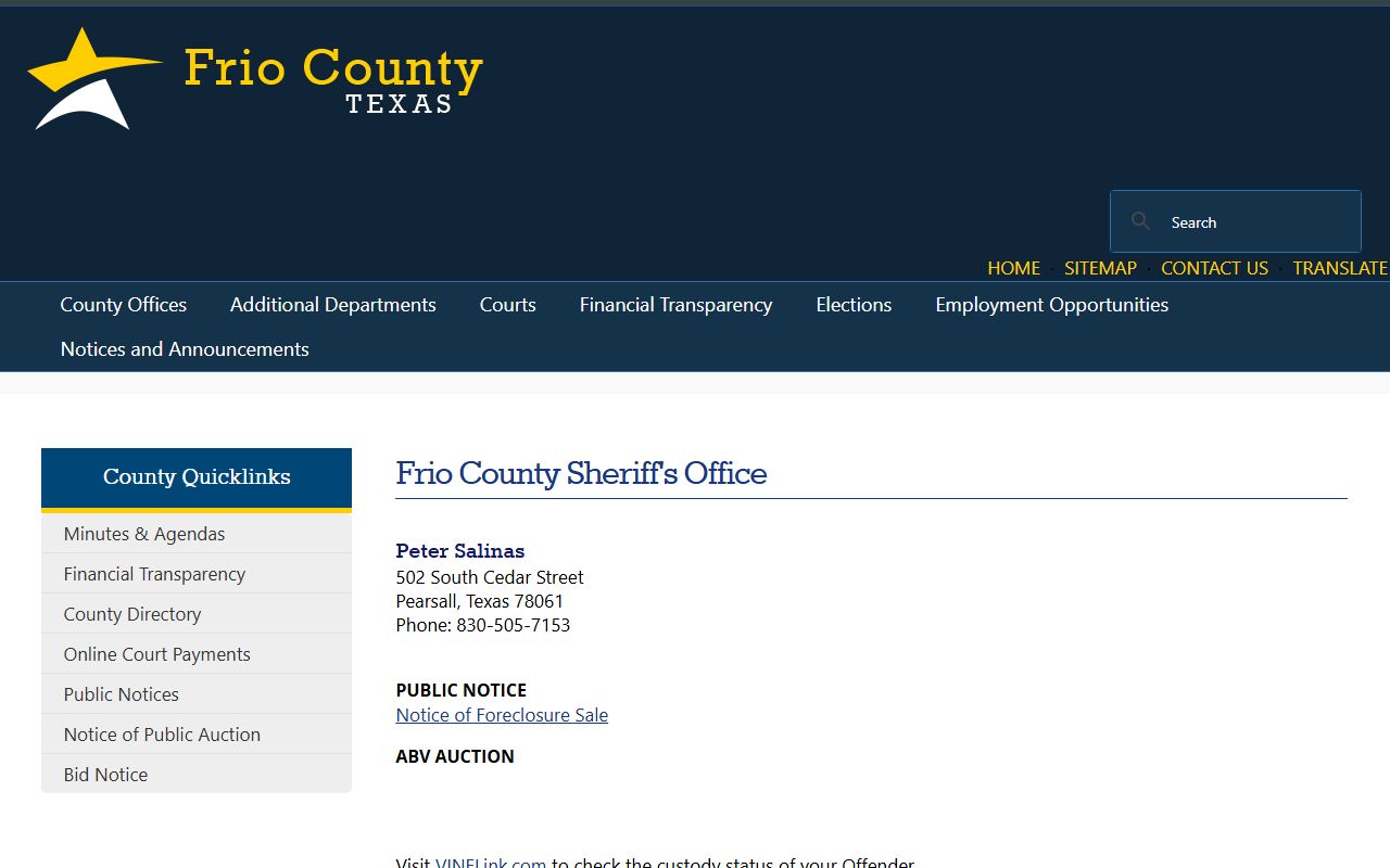 Frio County Jail inmate records sheriff office page